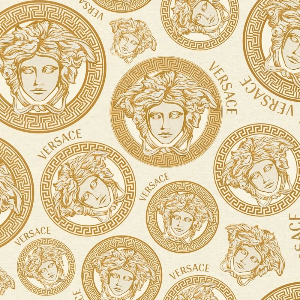Medusa Plates Metallic Wallpaper (Versace 3 Collection) - Cream & Gold