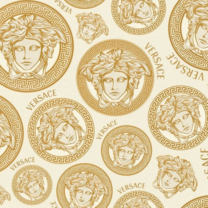Medusa Plates Metallic Wallpaper (Versace 3 Collection) - Cream & Gold