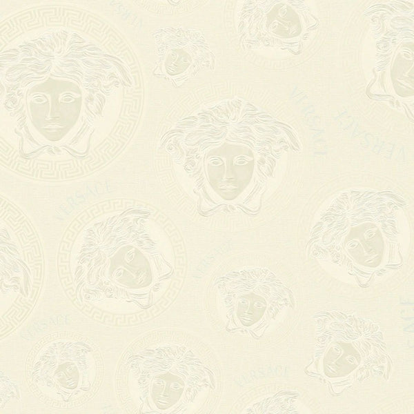 Sample - Medusa Plates Metallic Wallpaper (Versace 3 Collection) - White