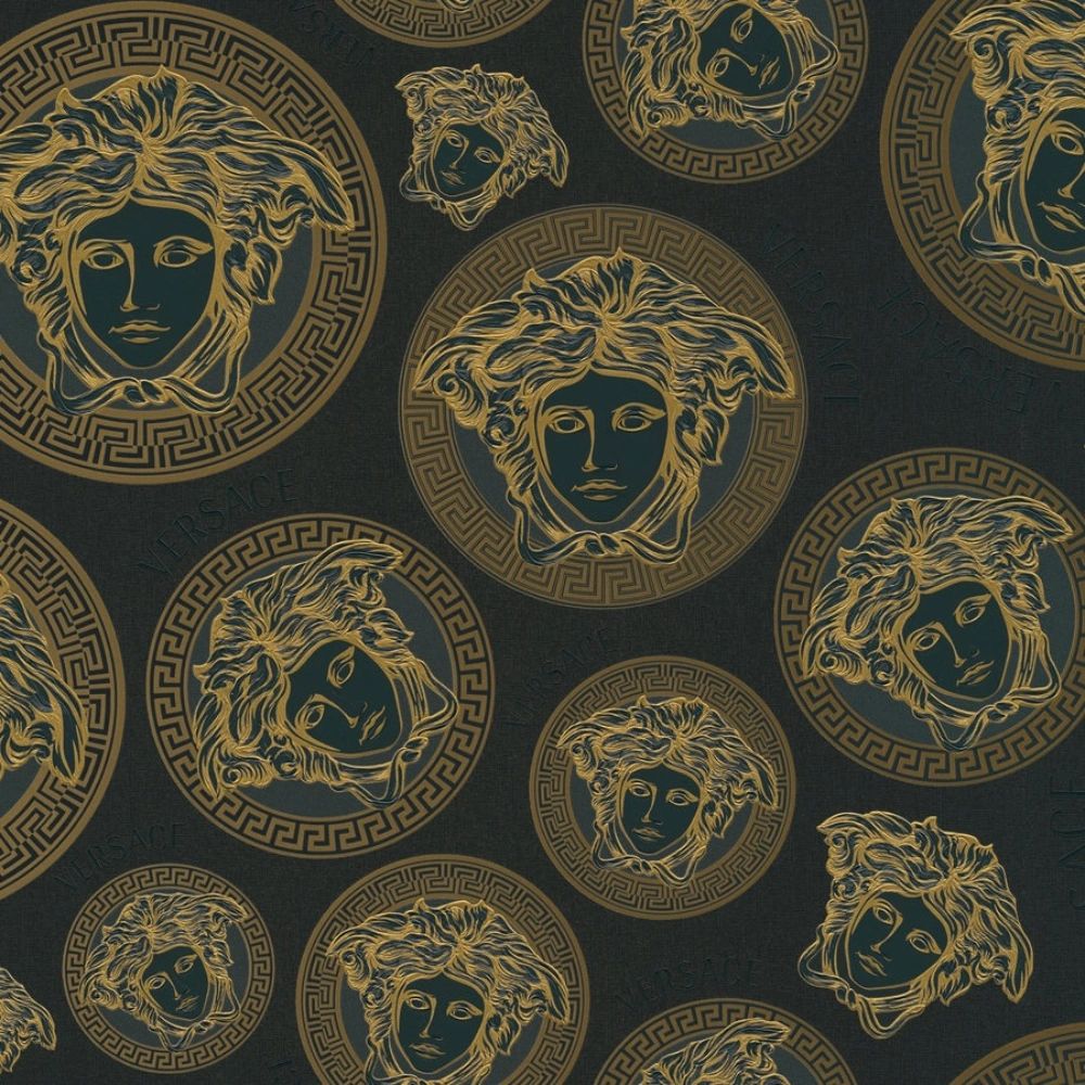Sample - Medusa Plates Metallic Wallpaper (Versace 3 Collection) - Black & Gold