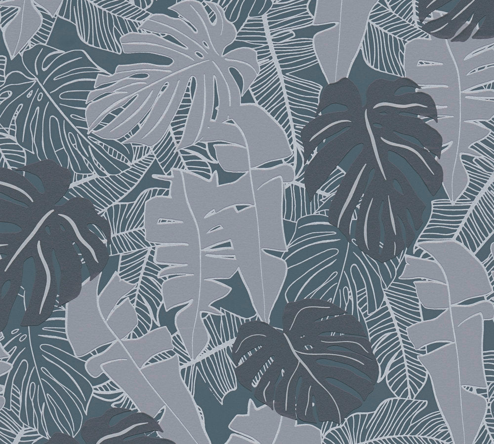 Metallic Monstera Fronds Wallpaper - House of Turnowsky - Blue