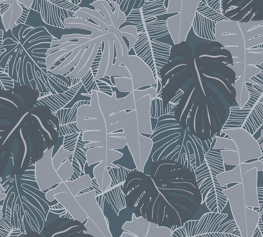 Metallic Monstera Fronds Wallpaper - House of Turnowsky - Blue
