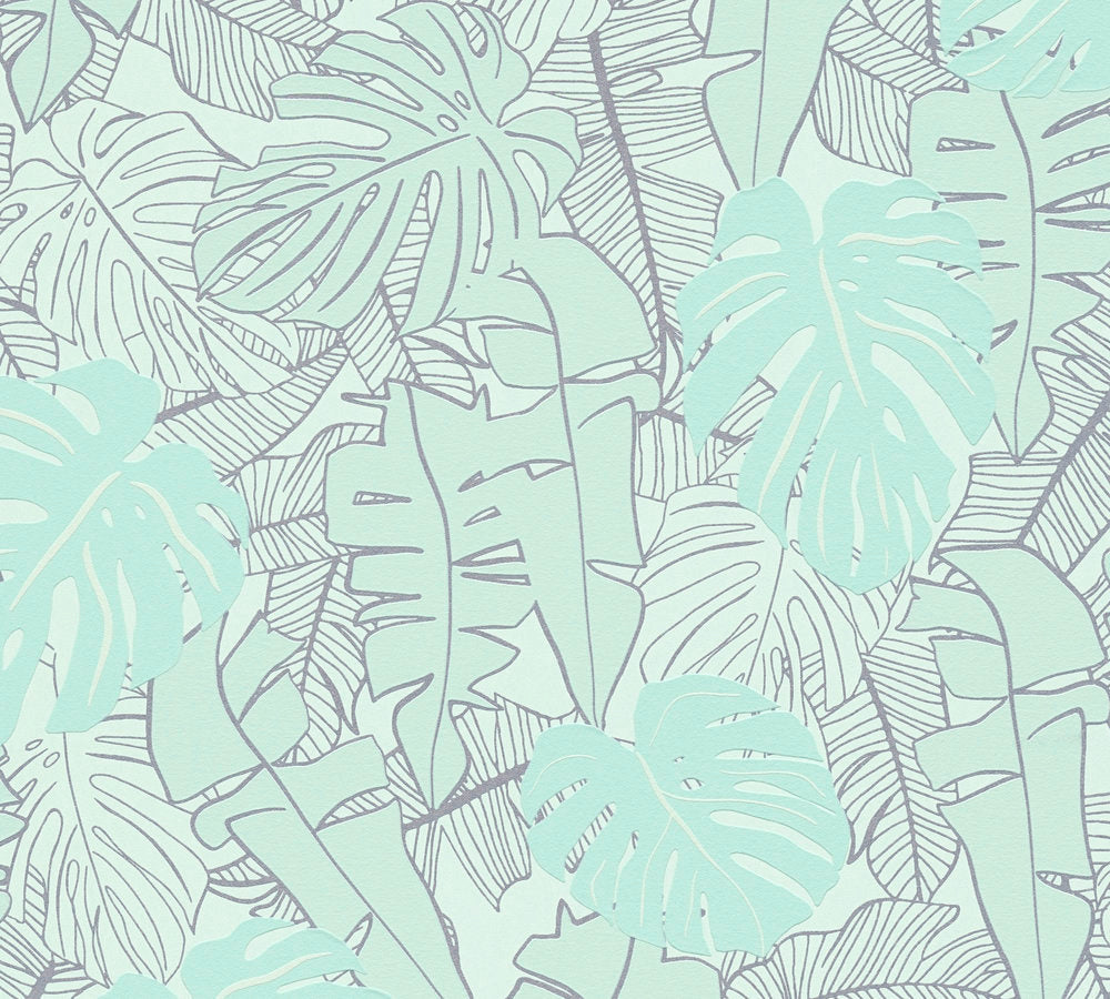 Metallic Monstera Fronds Wallpaper - House of Turnowsky - Turquoise