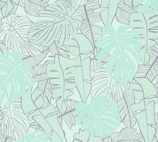 Metallic Monstera Fronds Wallpaper - House of Turnowsky - Turquoise