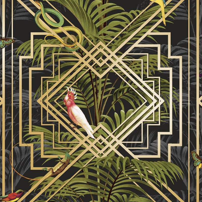 Akello - Tropical Art Deco Wallpaper - Black/Gold