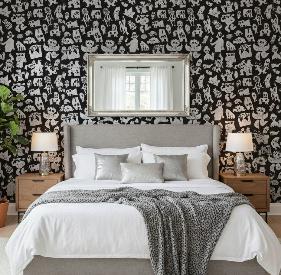 Love Machine 'Foil Print' by Bas Kosters Wallpaper - Silver on Black