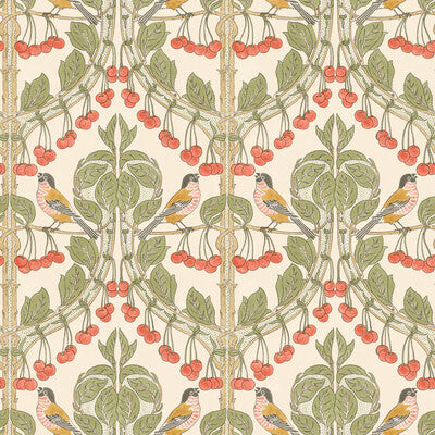 Bird & Cherries Wallpaper - Red Green
