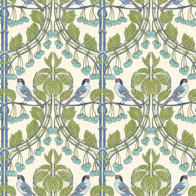 Bird & Cherries Wallpaper - Blue Green