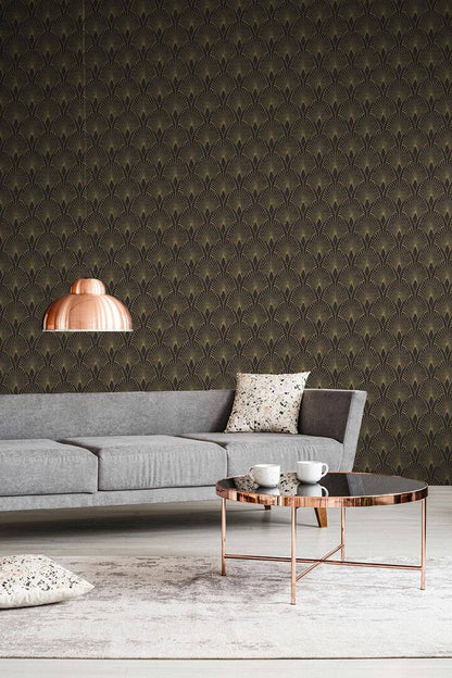 Art Deco Baroque Fans Wallpaper - Black/Gold
