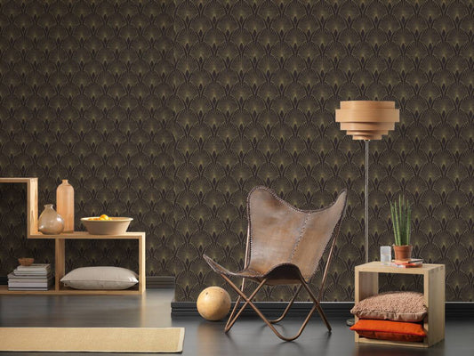 Art Deco Baroque Fans Wallpaper - Black/Gold