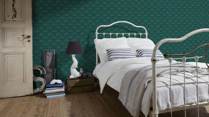 Art Deco Baroque Fans Non Woven Wallpaper- Turquoise