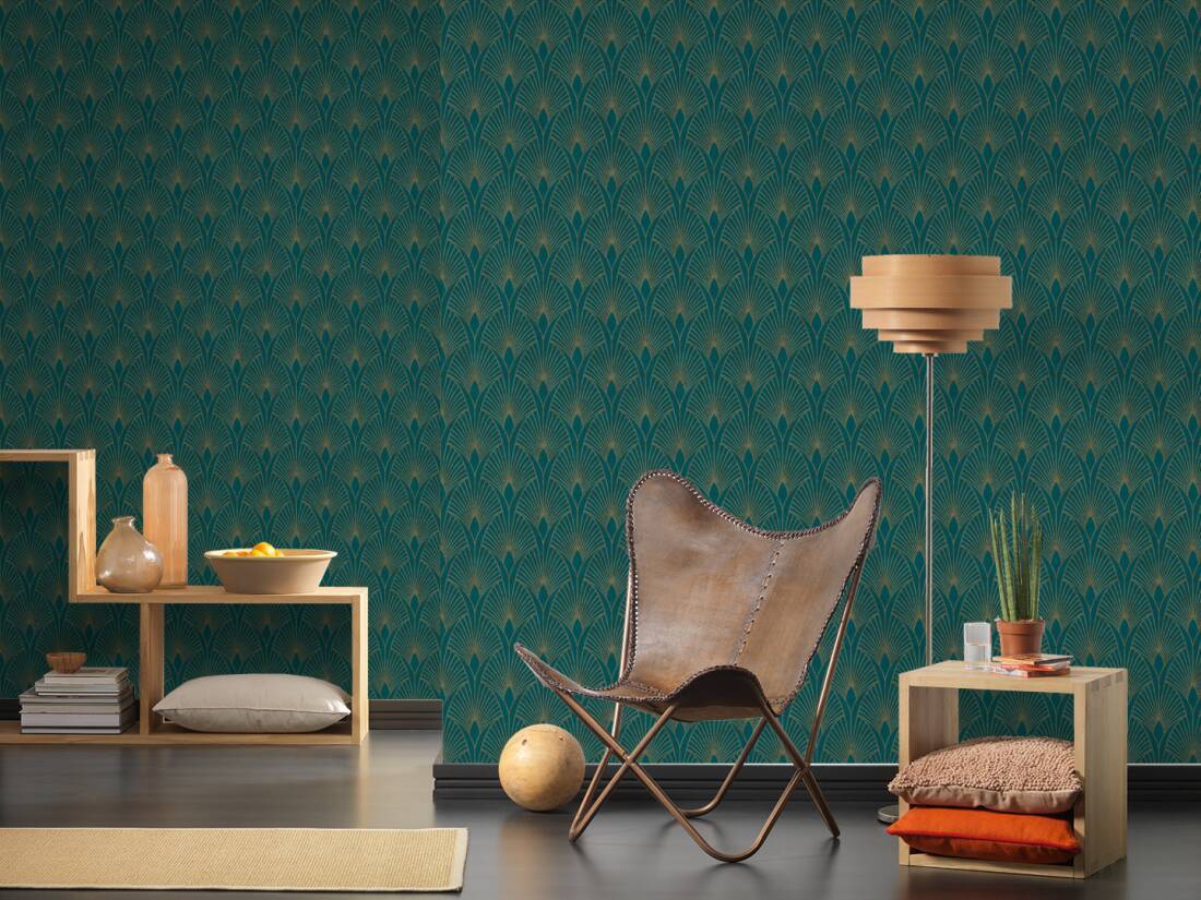 Art Deco Baroque Fans Non Woven Wallpaper- Turquoise