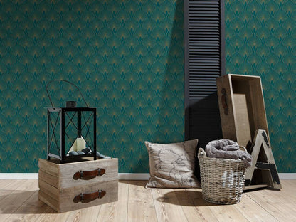 Art Deco Baroque Fans Non Woven Wallpaper- Turquoise