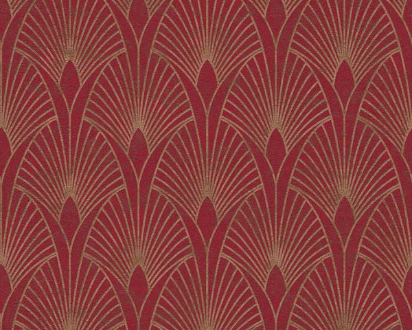 Sample - Art Deco Baroque Fans Wallpaper - Red/Gold