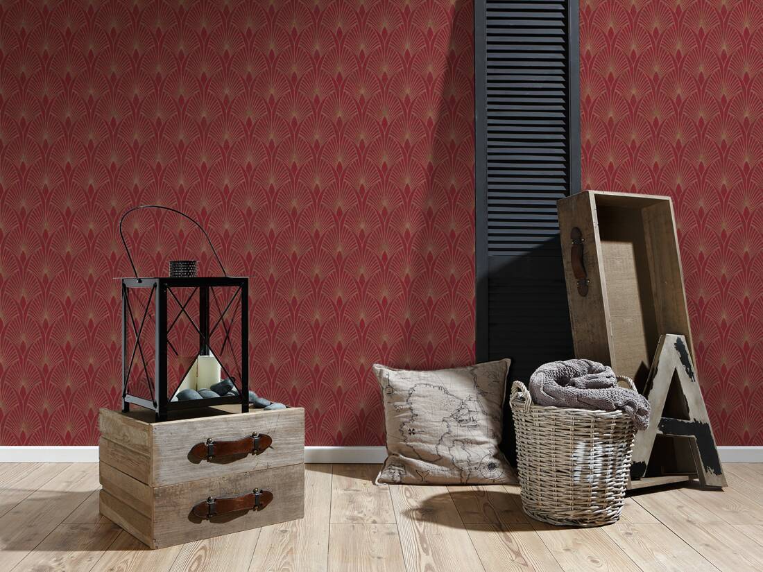 Art Deco Baroque Fans Wallpaper - Red/Gold