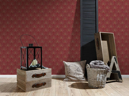 Art Deco Baroque Fans Wallpaper - Red/Gold