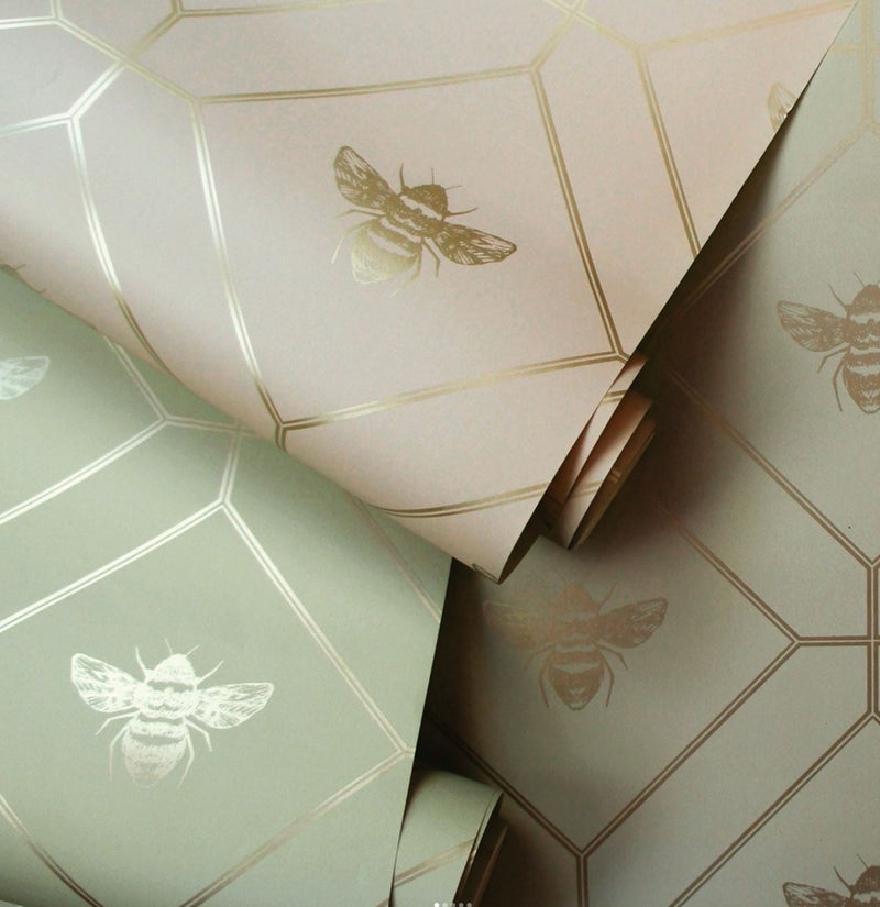 Honeycomb Bee - Geometric Metallic Wallpaper - Blush