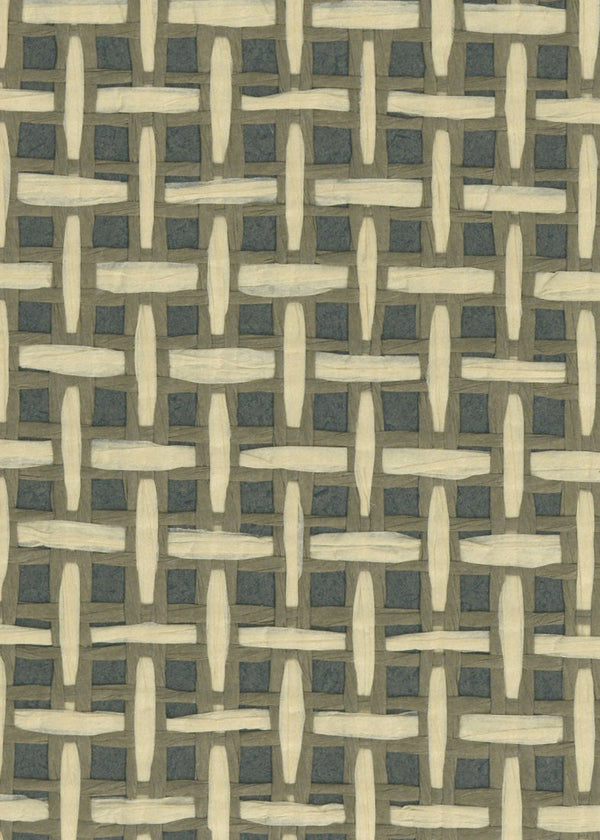 Sample - Basket Weave Grass cloth Wallpaper - Beige & Grassgreen