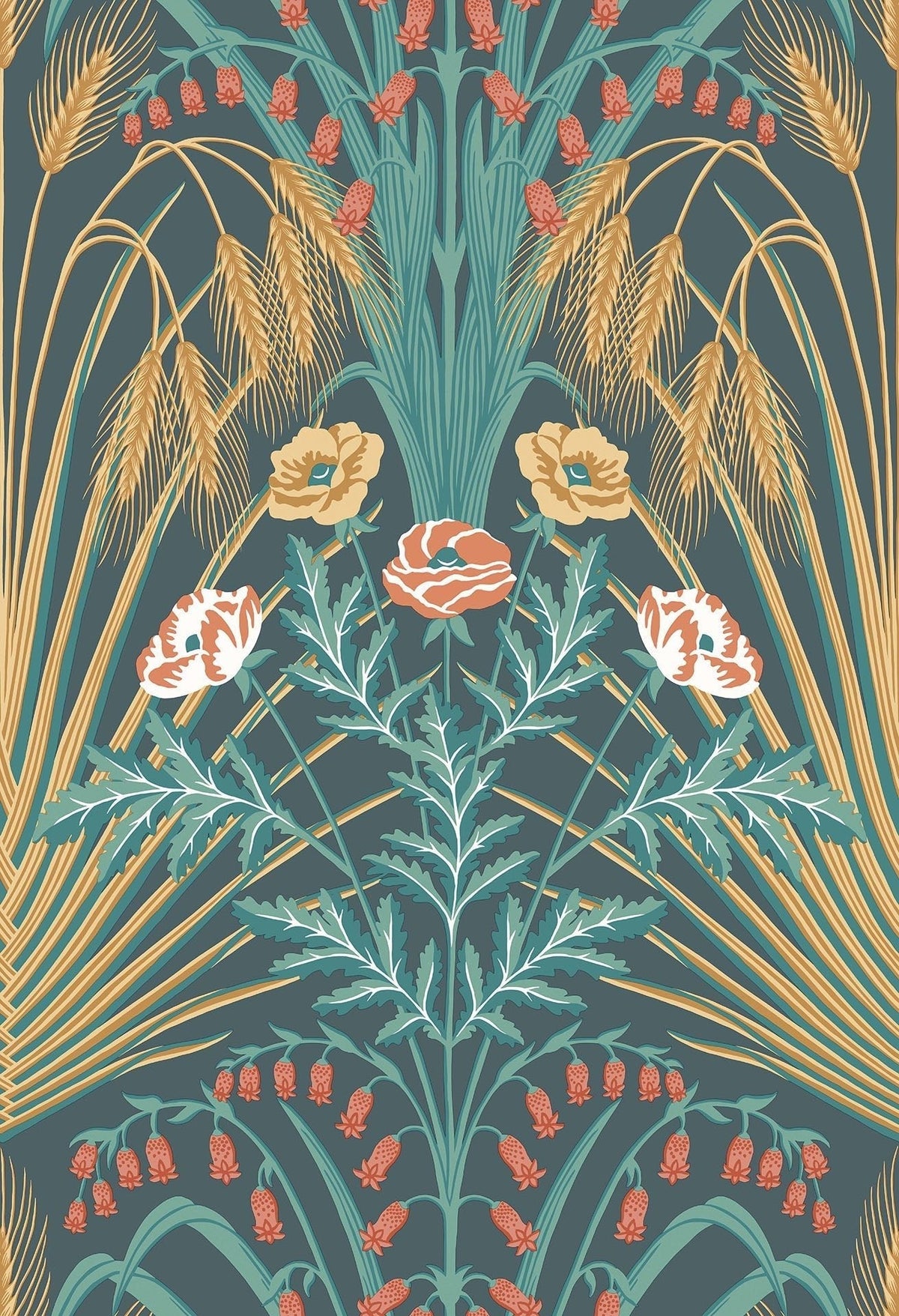 Sample - Bluebell Wallpaper - Teal/Gold/Coral