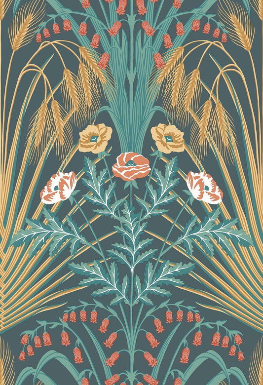 Bluebell Wallpaper - Teal/Gold/Coral