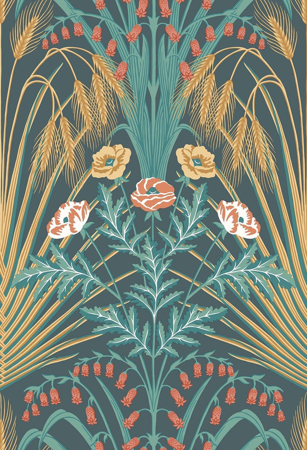 Sample - Bluebell Wallpaper - Teal/Gold/Coral