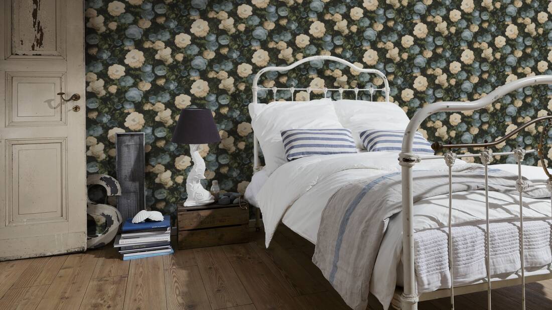 Oil Painting Bouquet Floral Wallpaper - Blue & Cream - Discontinuing