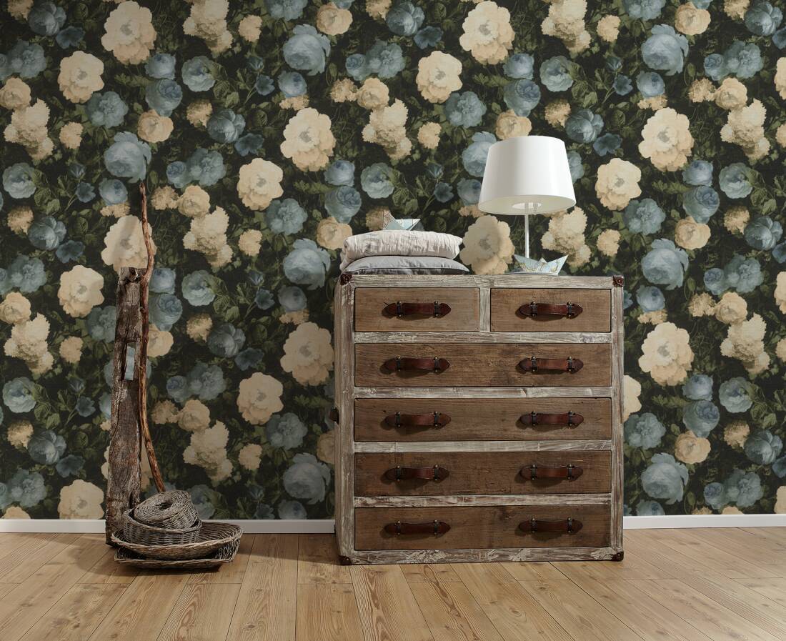 Oil Painting Bouquet Floral Wallpaper - Blue & Cream - Discontinuing
