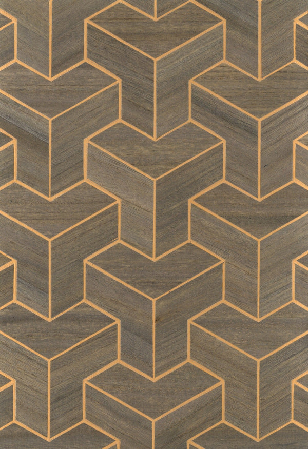 Sample - Wood Veneer Geometric Wallpaper - Brown + Gold