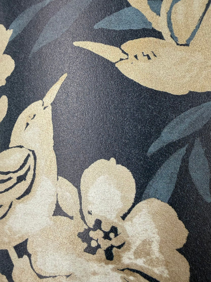 Blooms and Birds Wallpaper - Navy with Gold Shimmer