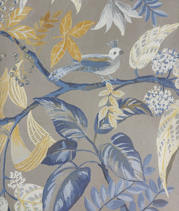 Sample – Birds Sing and Flowers Bloom Wallpaper – Beige Blue Shimmer