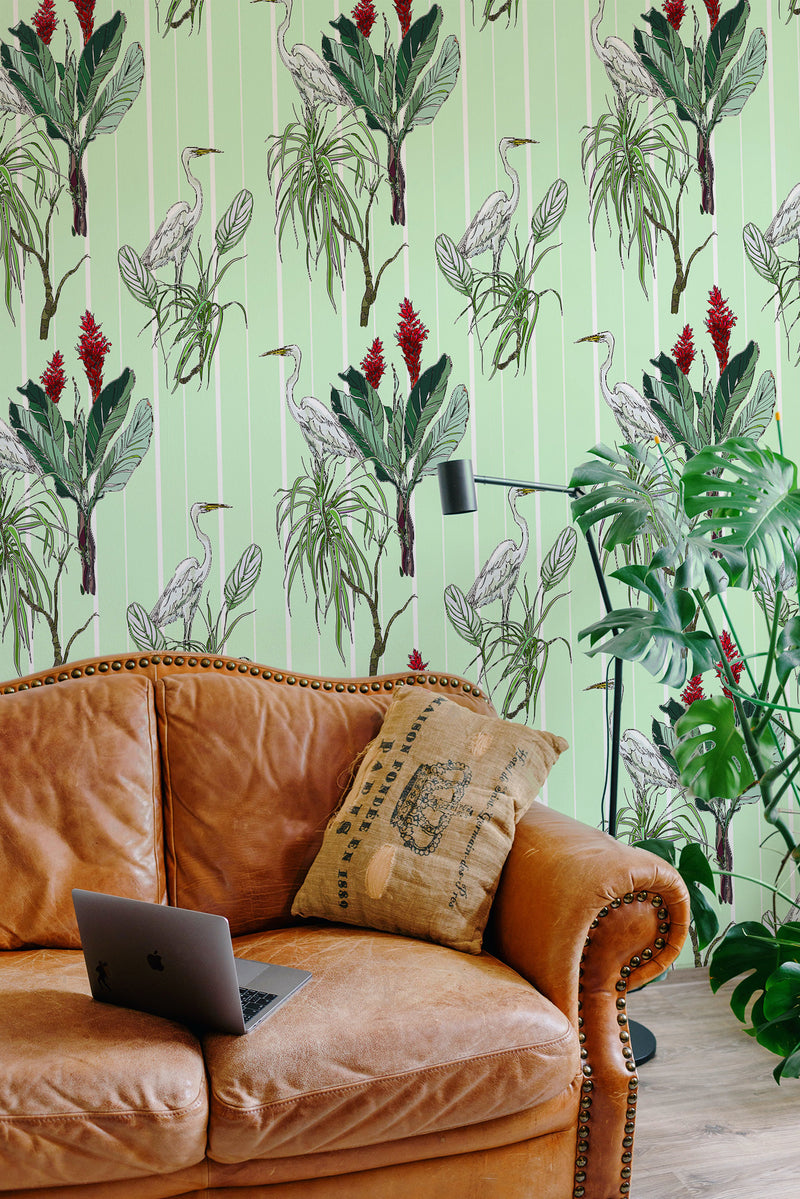 Crane and Leaf Wallpaper - SALE