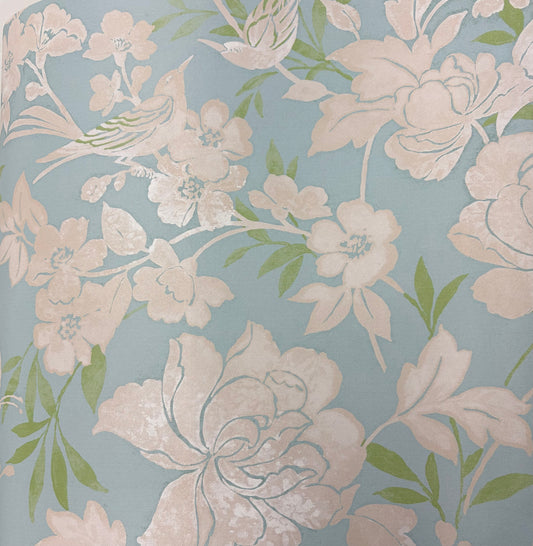 Blooms and Birds Wallpaper -Dusky Blue with Beige Shimmer