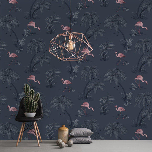 Flamingo Lakes Wallpaper - Midnight Blue