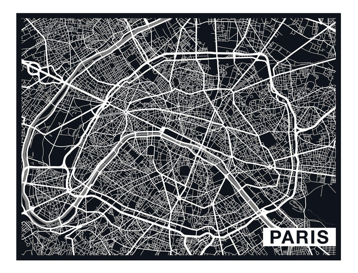 Paris City Art Map - Ebony - Custom Sized Wallpaper Mural (per m2)
