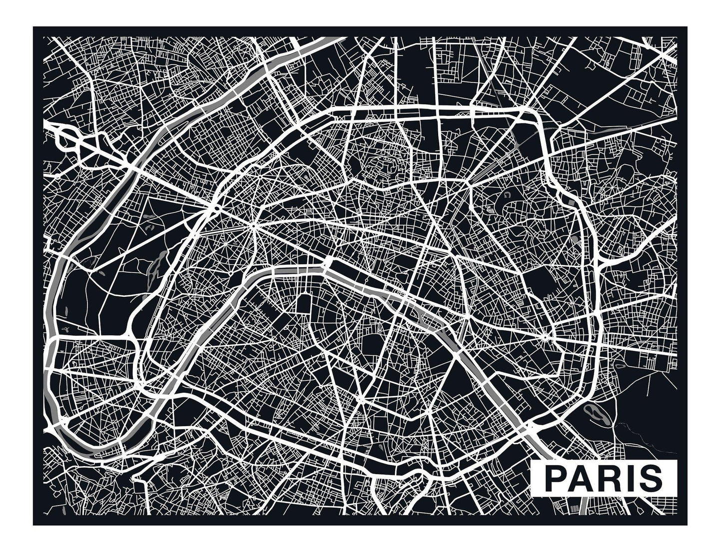 Paris City Art Map - Ebony - Custom Sized Wallpaper Mural (per m2)