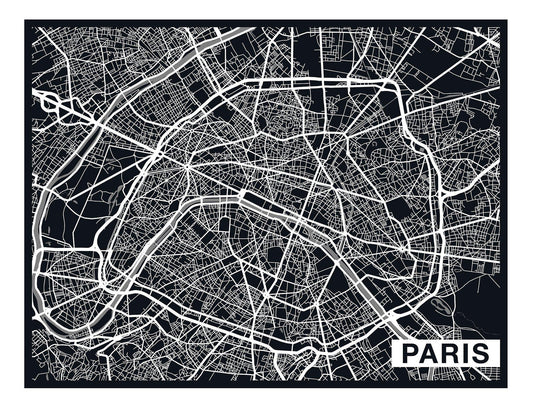 Paris City Art Map - Ebony - Custom Sized Wallpaper Mural (per m2)