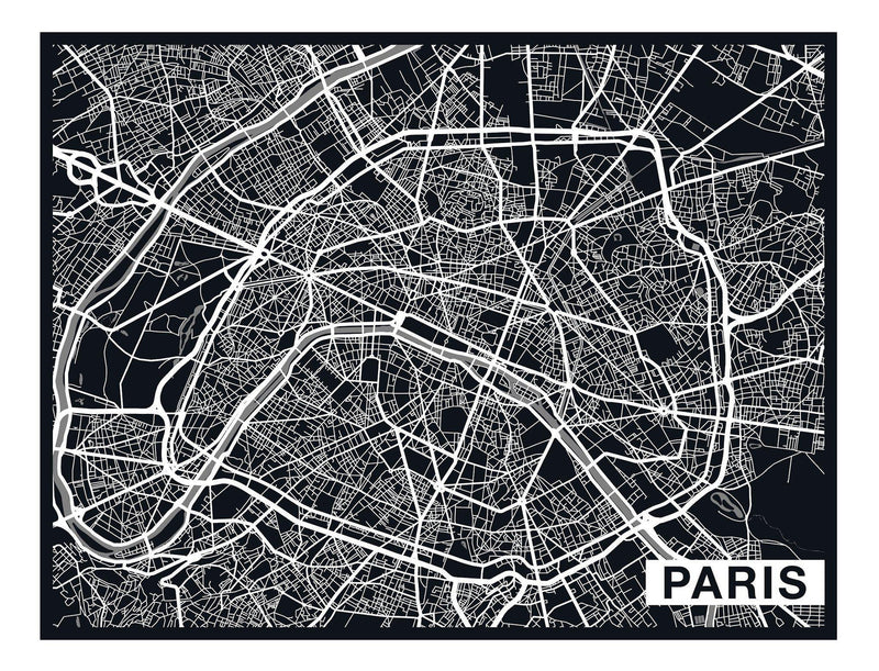 Paris City Art Map - Ebony - Custom Sized Wallpaper Mural (per m2)
