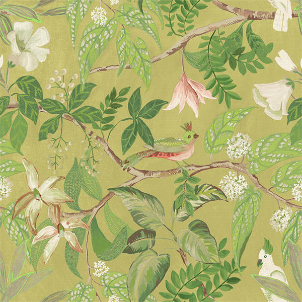 Sample - Birds Sing and Flowers Bloom Wallpaper - Gold Green