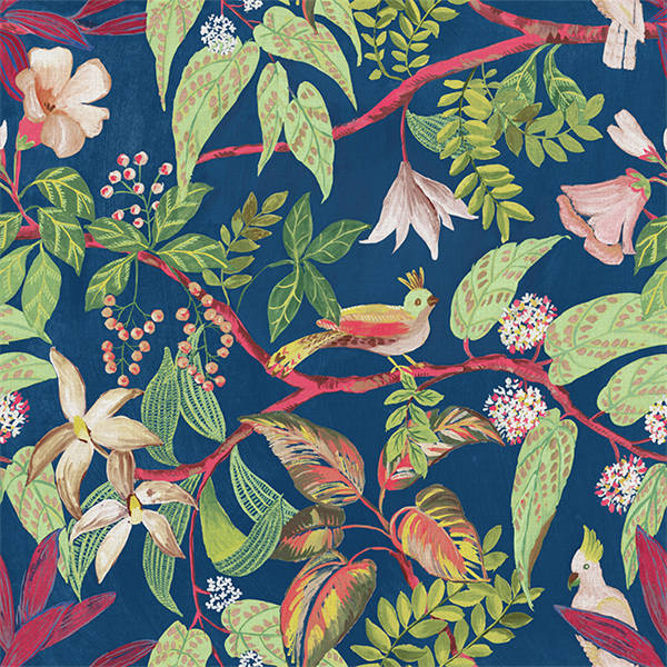 Sample - Birds Sing and Flowers Bloom Wallpaper - Blue