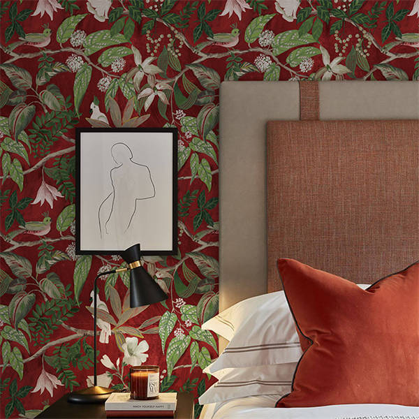 Birds Sing and Flowers Bloom Wallpaper - Deep Orange Red