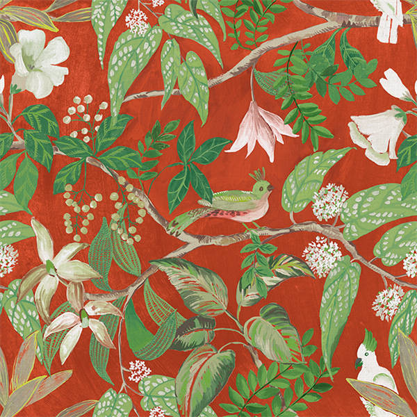 Sample - Birds Sing and Flowers Bloom Wallpaper - Deep Orange Red