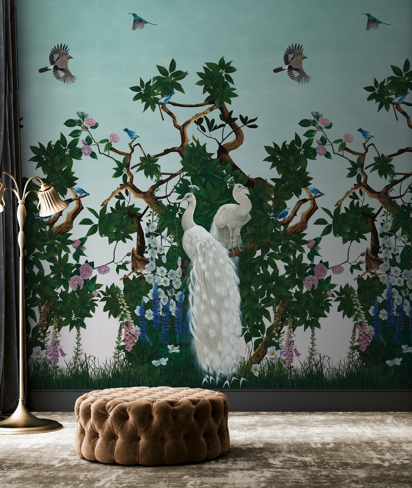 Vera's Garden - Peacock Wallpaper - Aquamarine