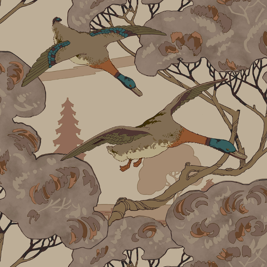 Grand Flying Ducks Wallpaper - Plum flat pattern