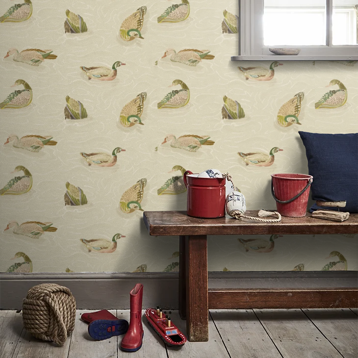 Duck Pond Wallpaper by Mulberry Home - Emerald/Stone