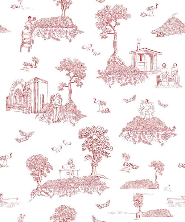 Sample - Finland Toile - Scandinavian Wallpaper - Red