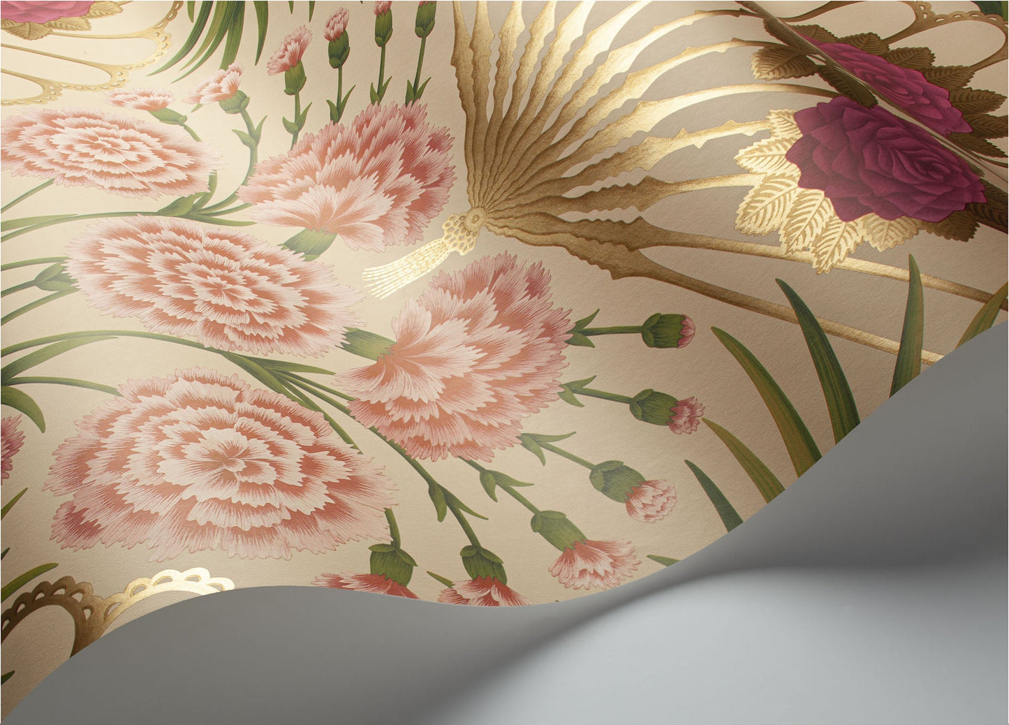 Flamenco Fan Wallpaper - Fuchsia, Rouge & Metallic Gold on Cream