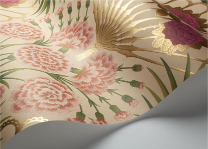 Flamenco Fan Wallpaper - Fuchsia, Rouge & Metallic Gold on Cream