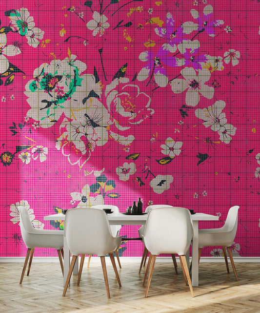 Flower Plaid 1 Mural - Pink - Custom Sized Wallpaper Mural (per m2)