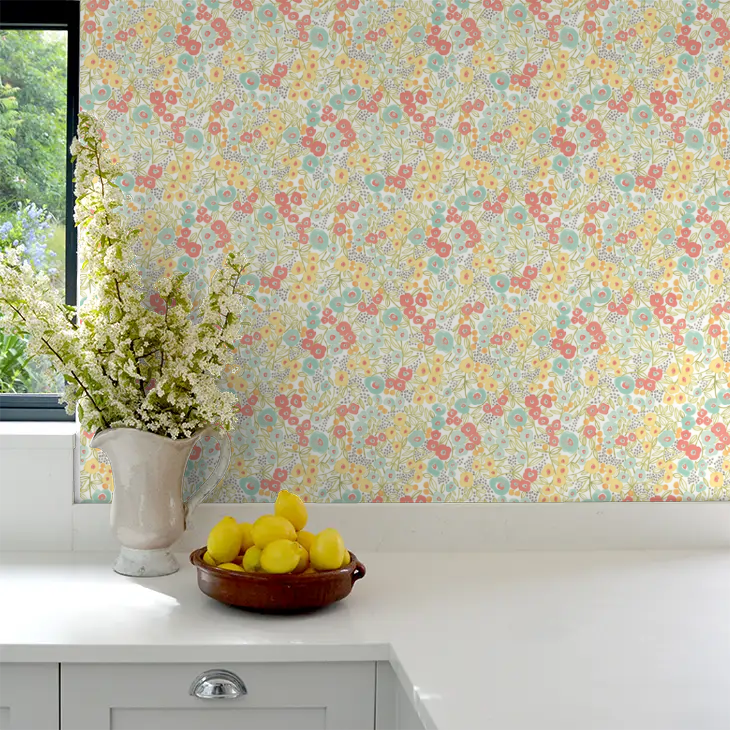 Flora Ditsy Wallpaper - Coral & Sky