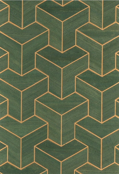 Wood Veneer Geometric Wallpaper - Green + Gold